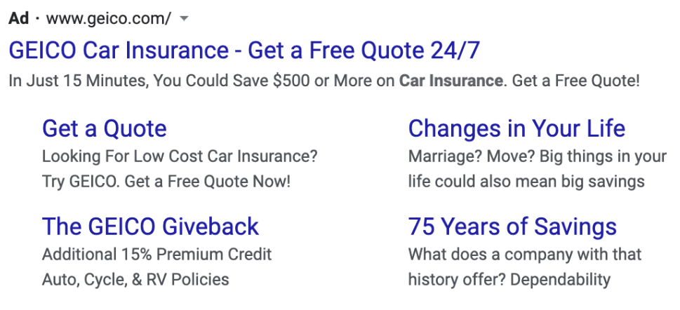 Geico Google Search Ad